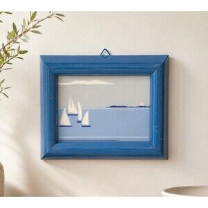 Porsgrund Norway Anne Marie Odegaard Summer Sailboat Art Tile Blue Frame 6" VTG